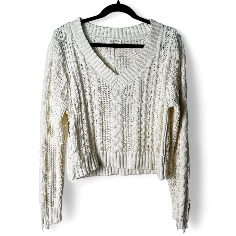 No Comment - Cream Chenille Cable Knit Fringe V Neck Sweater - XL